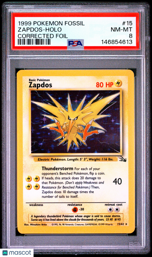 1999 Pokemon Fossil #15 Zapdos Holo Corrected Foil PSA 8