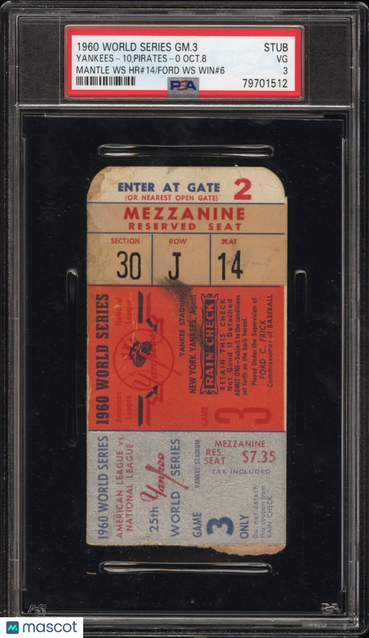 1960 World Series Game 3 Ticket Stub Mickey Mantle Home Run #14 PSA 3