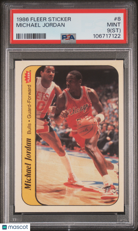 1986 Fleer Sticker #8 Michael Jordan Rookie HOF Bulls PSA 9 (ST)