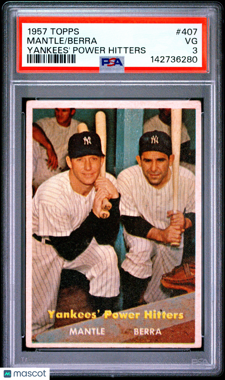 1957 Topps #407 Yankees' Power Hitters w/ Mickey Mantle  PSA 3