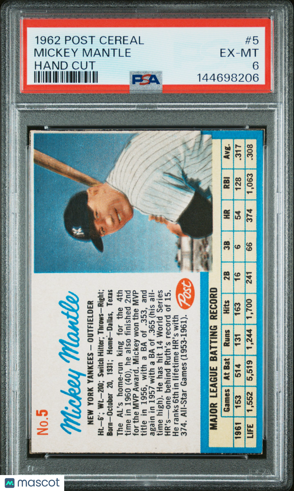 1962 Post Cereal Hand Cut #5 Mickey Mantle Yankees PSA 6