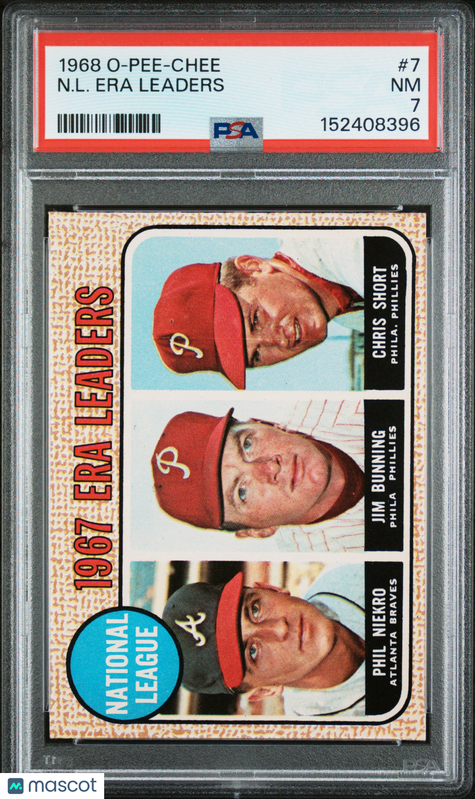1968 OPC O-Pee-Chee #7 N. L. Era Leaders w/ Phil Niekro + Jim Bunning PSA 7