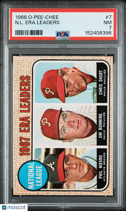 1968 OPC O-Pee-Chee #7 N. L. Era Leaders w/ Phil Niekro + Jim Bunning PSA 7