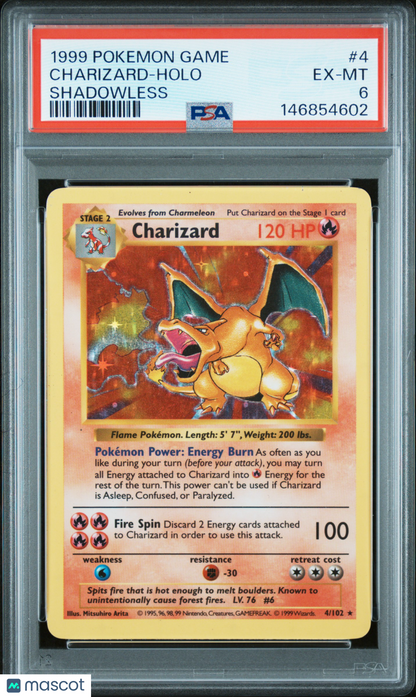 1999 Pokemon Game #4 Charizard Holo Shadowless PSA 6