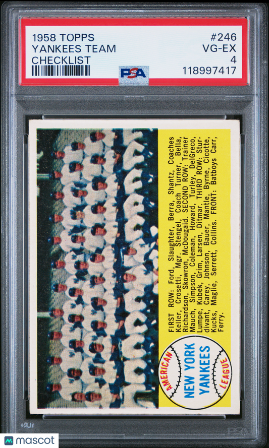 1958 Topps #246 Yankees Team Checklist With Mickey Mantle PSA 4
