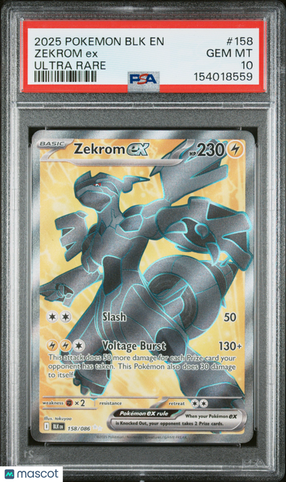 2025 Pokemon BLK EN-Black Bolt #158 Zekrom EX Ultra Rare PSA 10