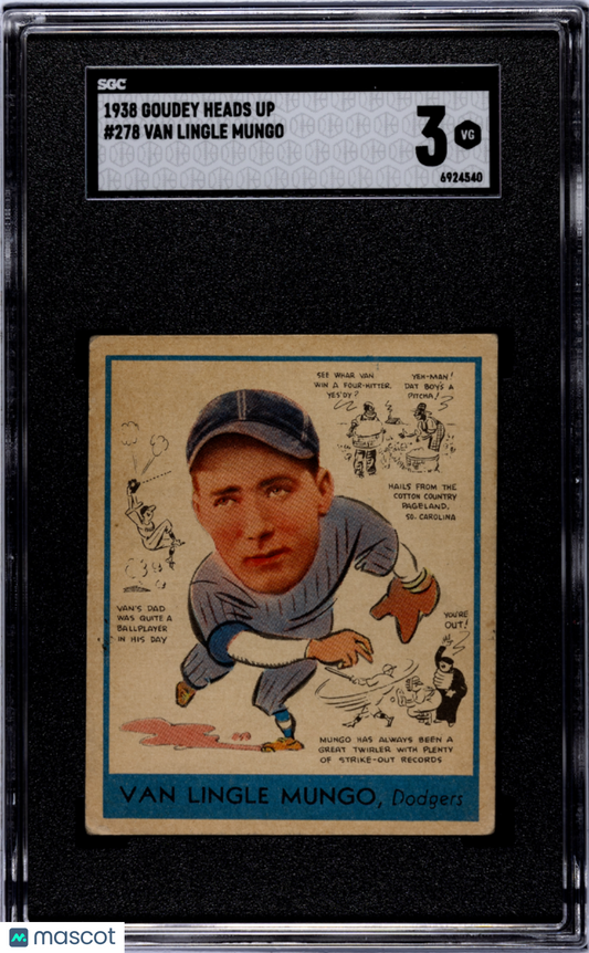 1938 Goudey Heads Up #278 Van Lingle Mungo Dodgers SGC 3