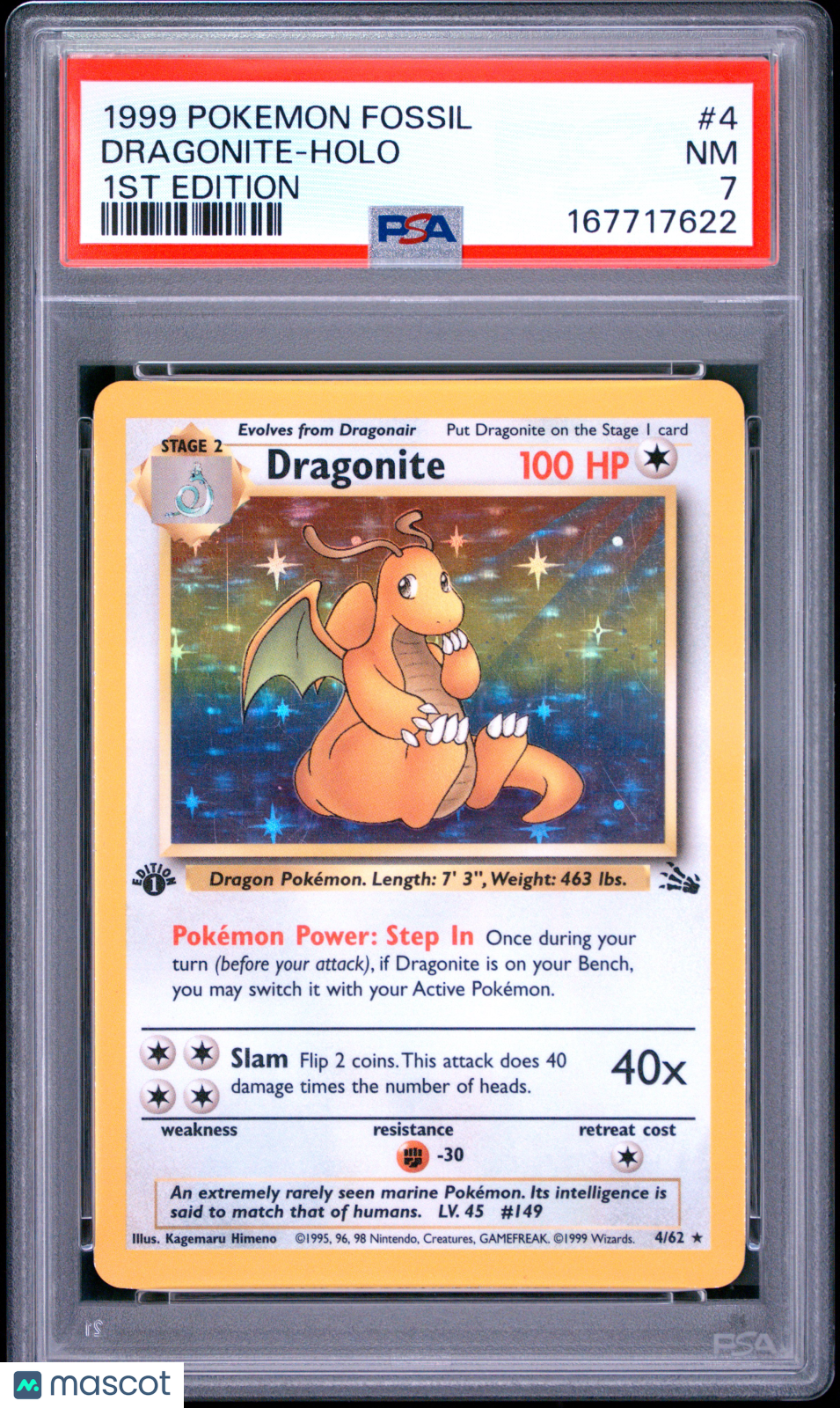 1999 Pokemon Fossil 1st Edition #4 Dragonite Holo PSA 7