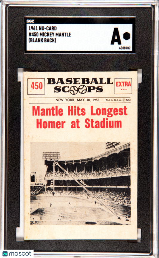 1961 Nu-Card Blank Back #450 Mickey Mantle Yankees SGC Authentic