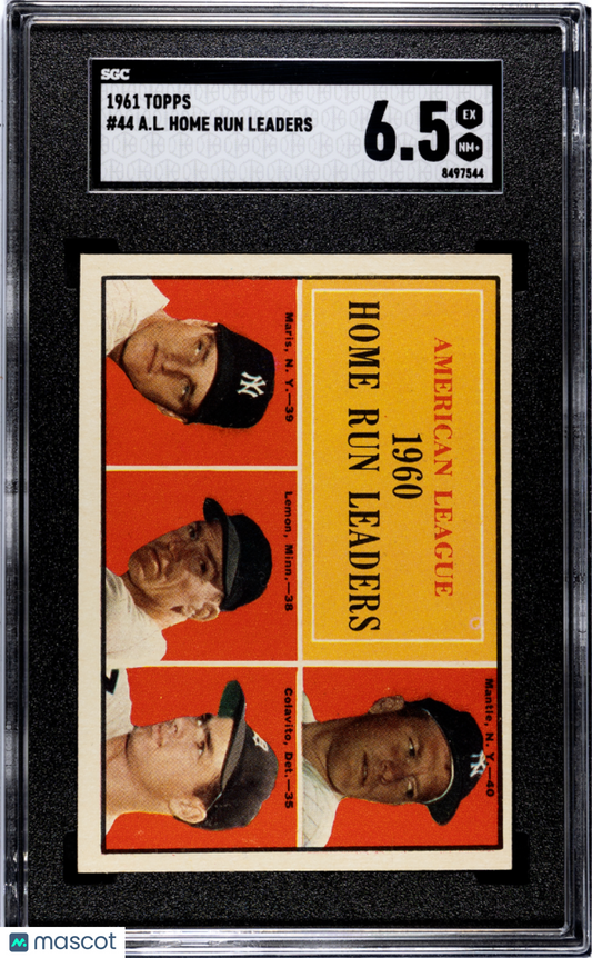 1961 Topps #44 A. L. Home Run Leaders W/ Mickey Mantle SGC 6.5