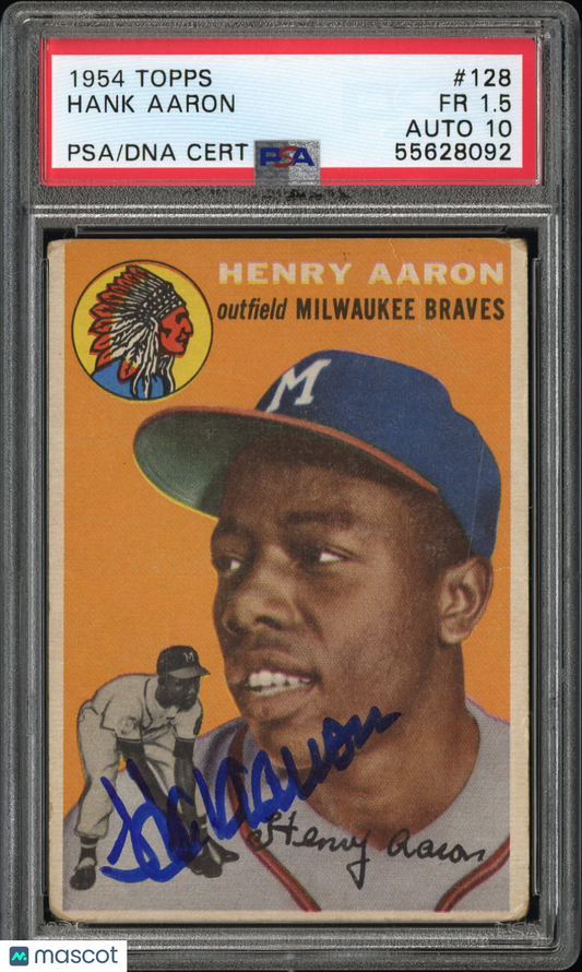 1954 Topps #128 Hank Aaron Rookie HOF Signed Autographed PSA 1.5 Auto 10