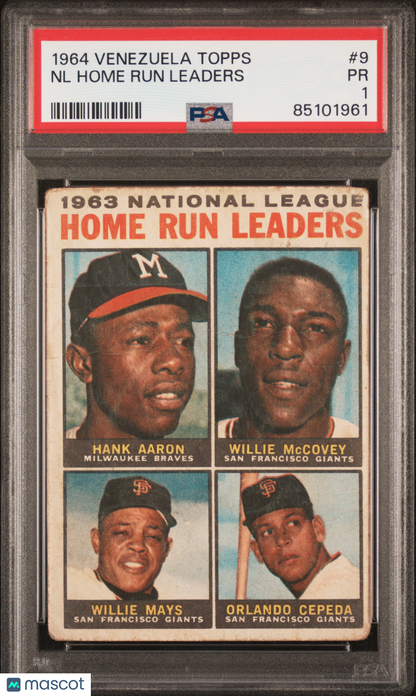 1964 Venezuela Topps #9 NL Home Run Leaders Aaron, Mays, McCovey, Cepeda PSA 1