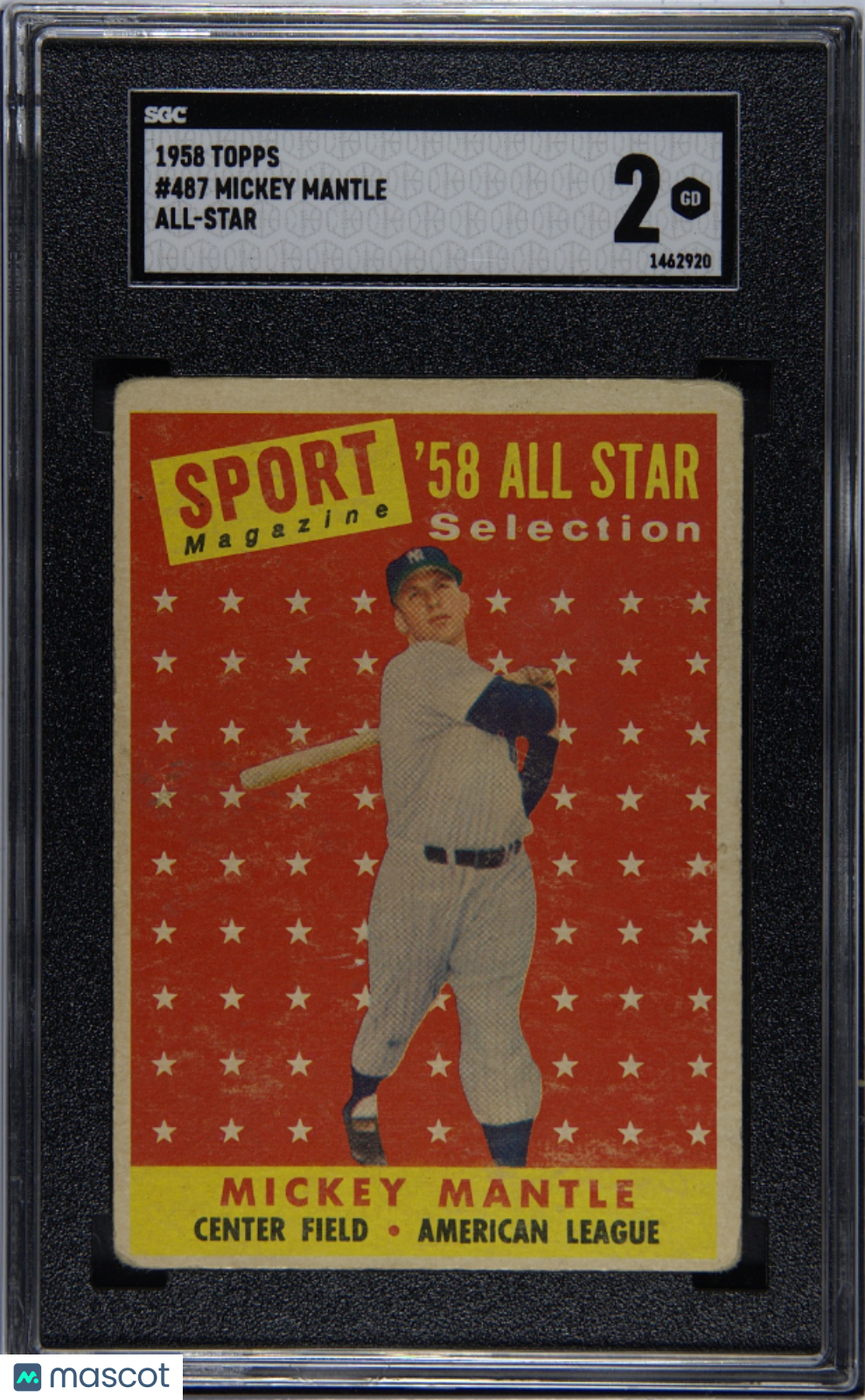 1958 Topps #487 Mickey Mantle All Star Yankees SGC 2
