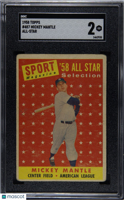 1958 Topps #487 Mickey Mantle All Star Yankees SGC 2