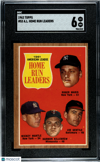 1962 Topps #53 A. L. Home Run Leaders w/ Mickey Mantle SGC 6