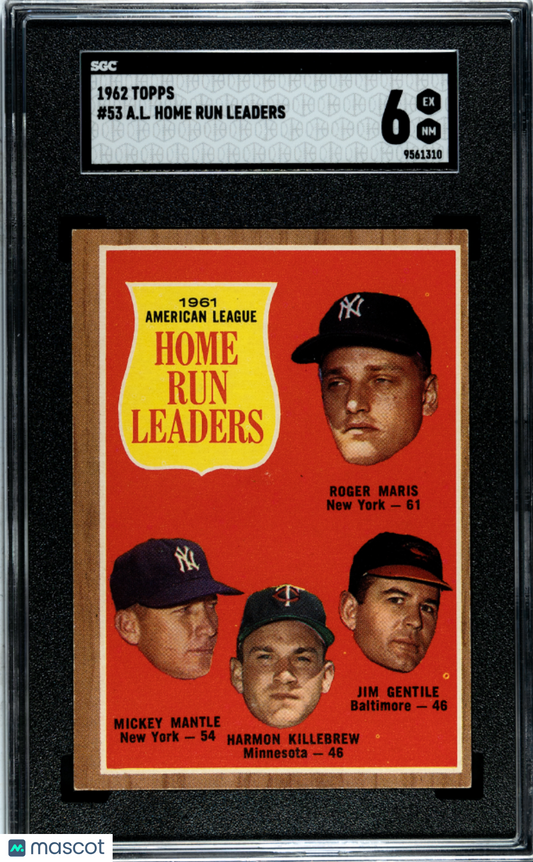1962 Topps #53 A. L. Home Run Leaders w/ Mickey Mantle SGC 6