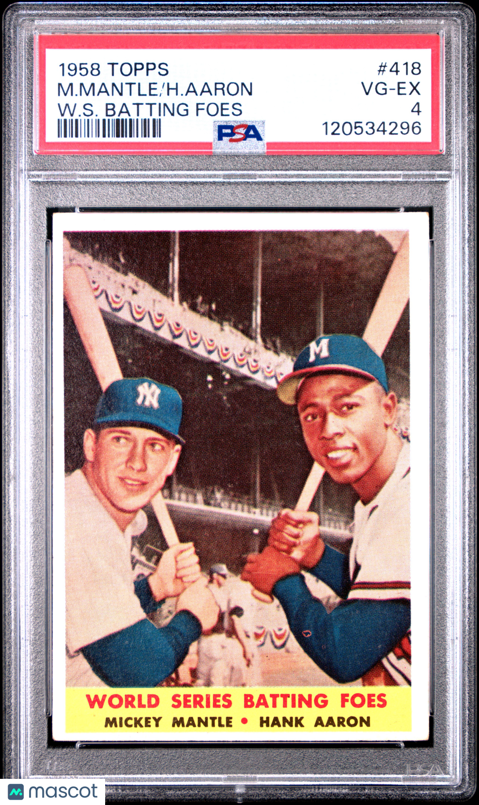 1958 Topps #418 World Series Batting Foes w/ Mickey Mantle PSA 4