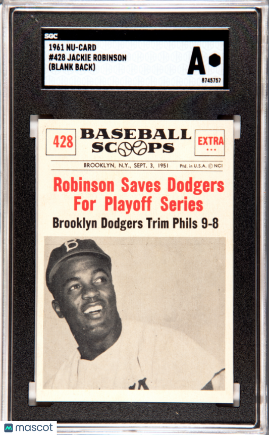 1961 Nu-Card Blank Back #428 Jackie Robinson Dodgers SGC Authentic