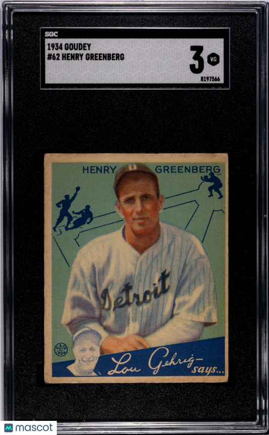 1934 Goudey #62 Hank Greenberg Rookie HOF Tigers SGC 3