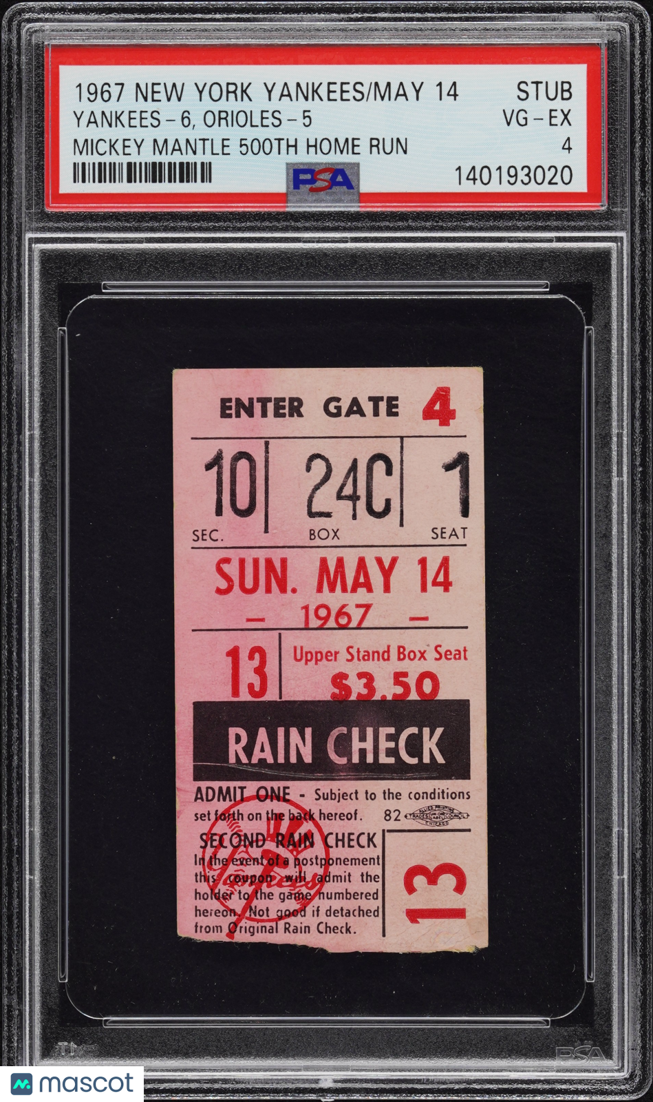 1967 New York Yankees Mickey Mantle 500th Home Run Ticket Stub PSA 4