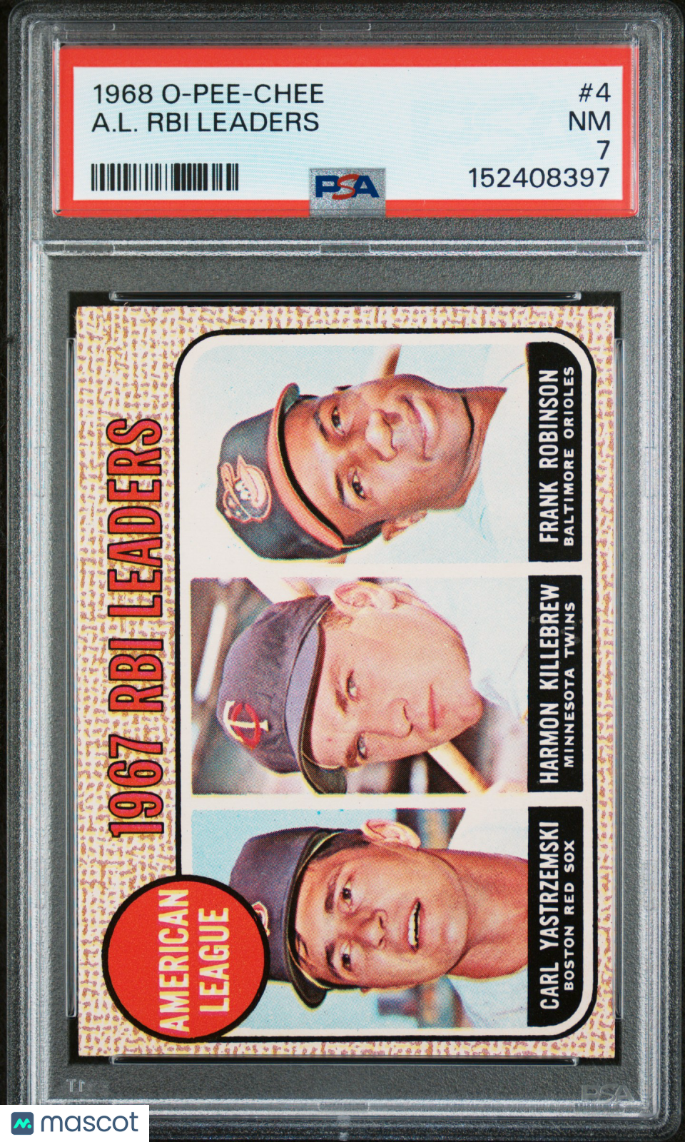 1968 OPC O-Pee-Chee #4 A. L. Rbi Leaders w/ Yastrzemski Killebrew Robinson PSA 7