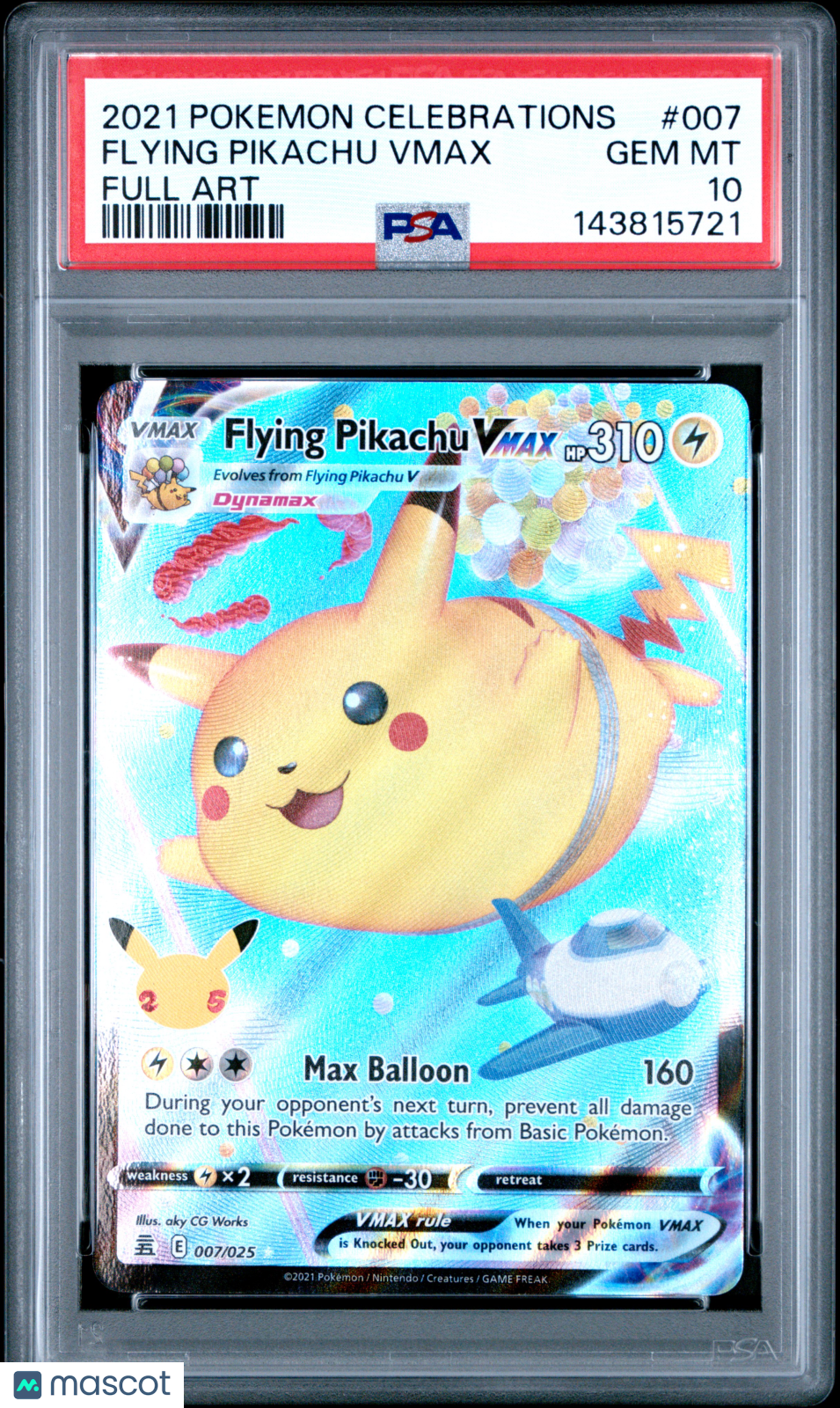2021 Pokemon Celebrations #007 Flying Pikachu VMAX Full Art PSA 10