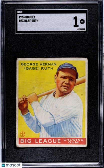 1933 Goudey #53 Babe Ruth Yankees SGC 1 Well Centered