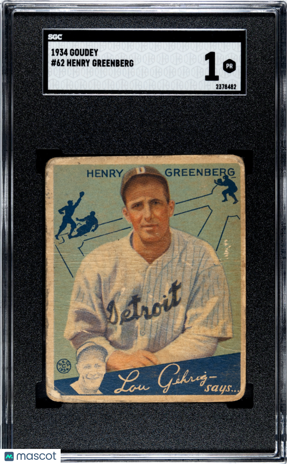 1934 Goudey #62 Hank Greenberg Rookie HOF Tigers SGC 1