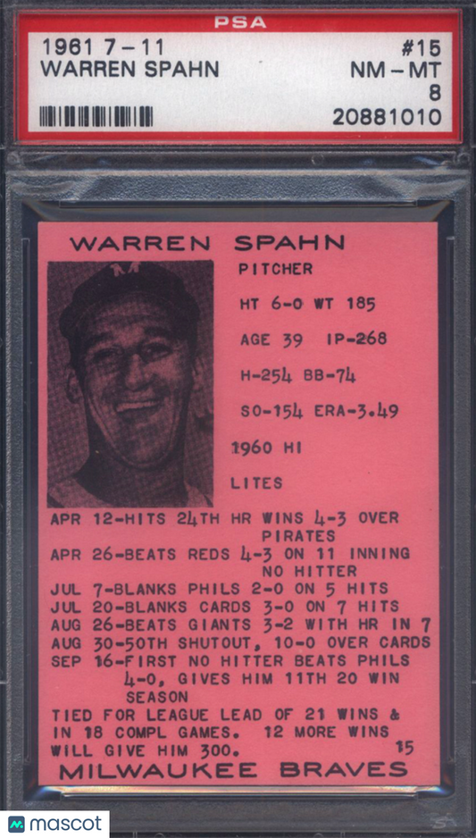 1961 7-11 #15 Warren Spahn Braves PSA 8 pop 2 (None Higher)